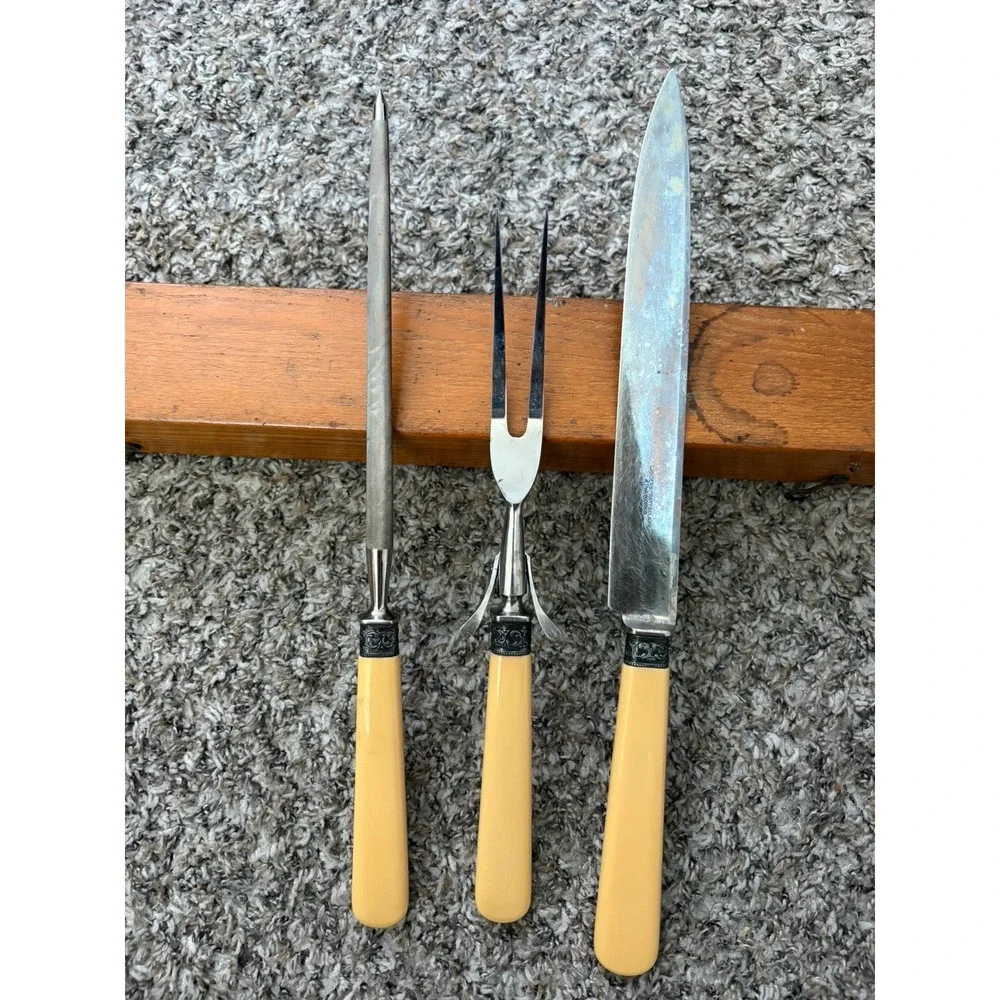 Vtg Landers Frary & Clark / Meriden Cutlery 3pc Large Carving Set Cream Handles